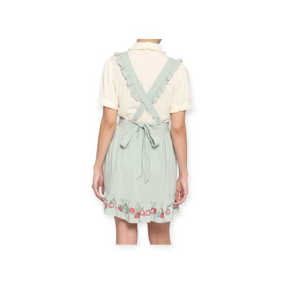 Hot Topic Ruffle Suspender Skirt Frogs Strawberries Cottagecore Kawaii Teal M - Picture 3 of 9